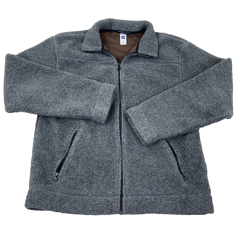 Vintage Gap Jacket Men Medium Gray Deep Pile Sherpa Fleece Lined Bomber Full Zip